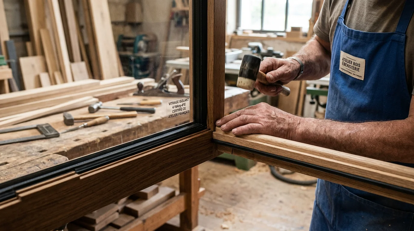 Pose d'un double vitrage sur une fenêtre en bois