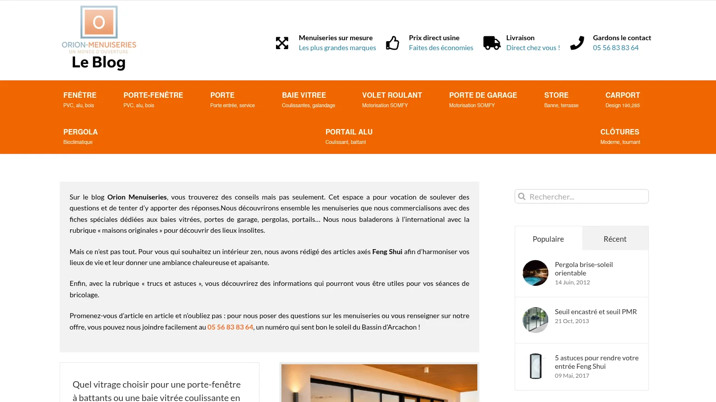 Capture de la page d'accueil de Orion Menuiserie