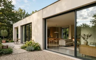 Façade de maison contemporaine équipée de grandes baies vitrées en aluminium haut de gamme