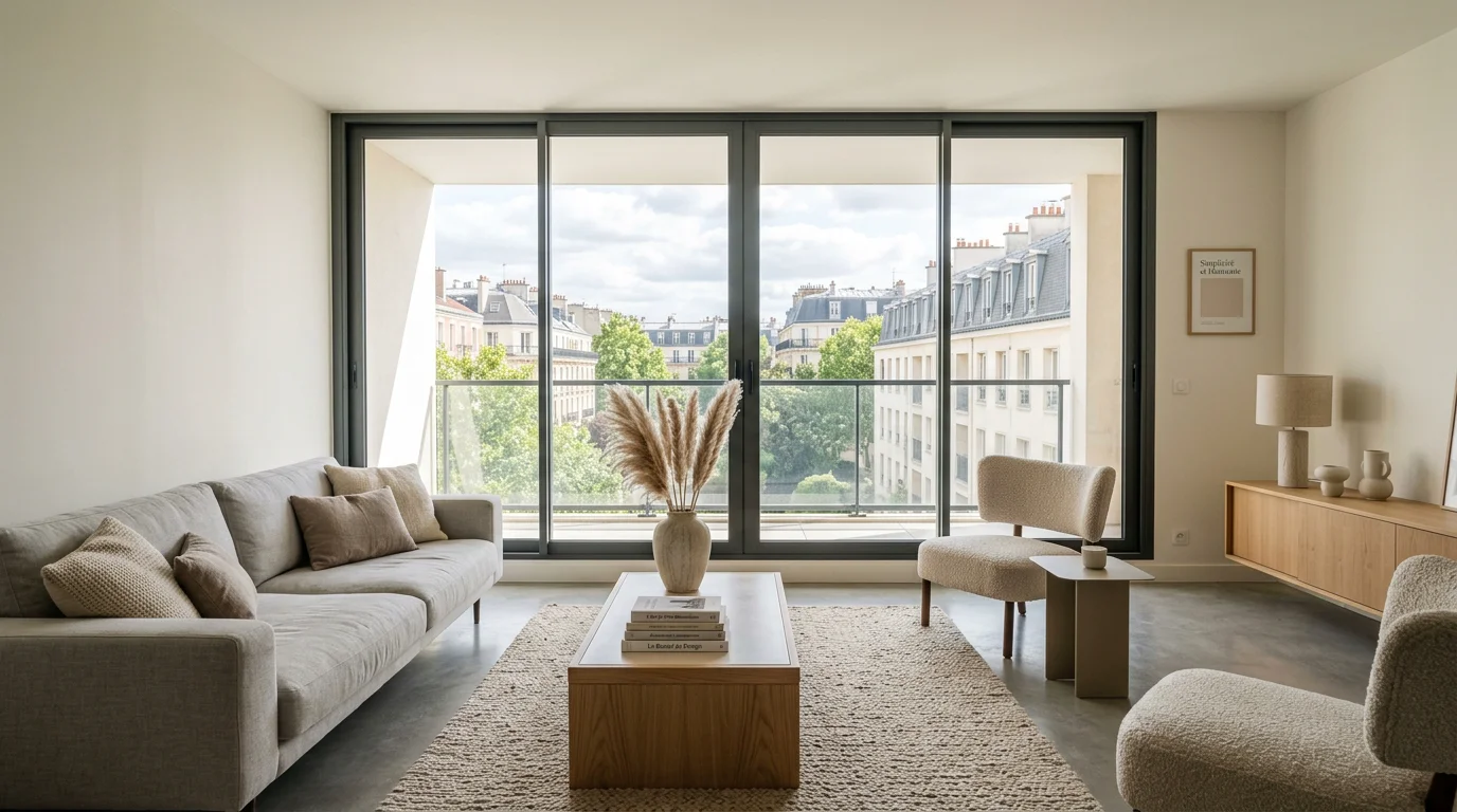 Grande baie vitrée en aluminium à profilés fins dans un salon contemporain lumineux