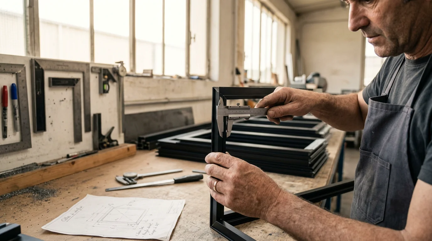 Artisan mesurant un profilé de fenêtre aluminium sur mesure en atelier
