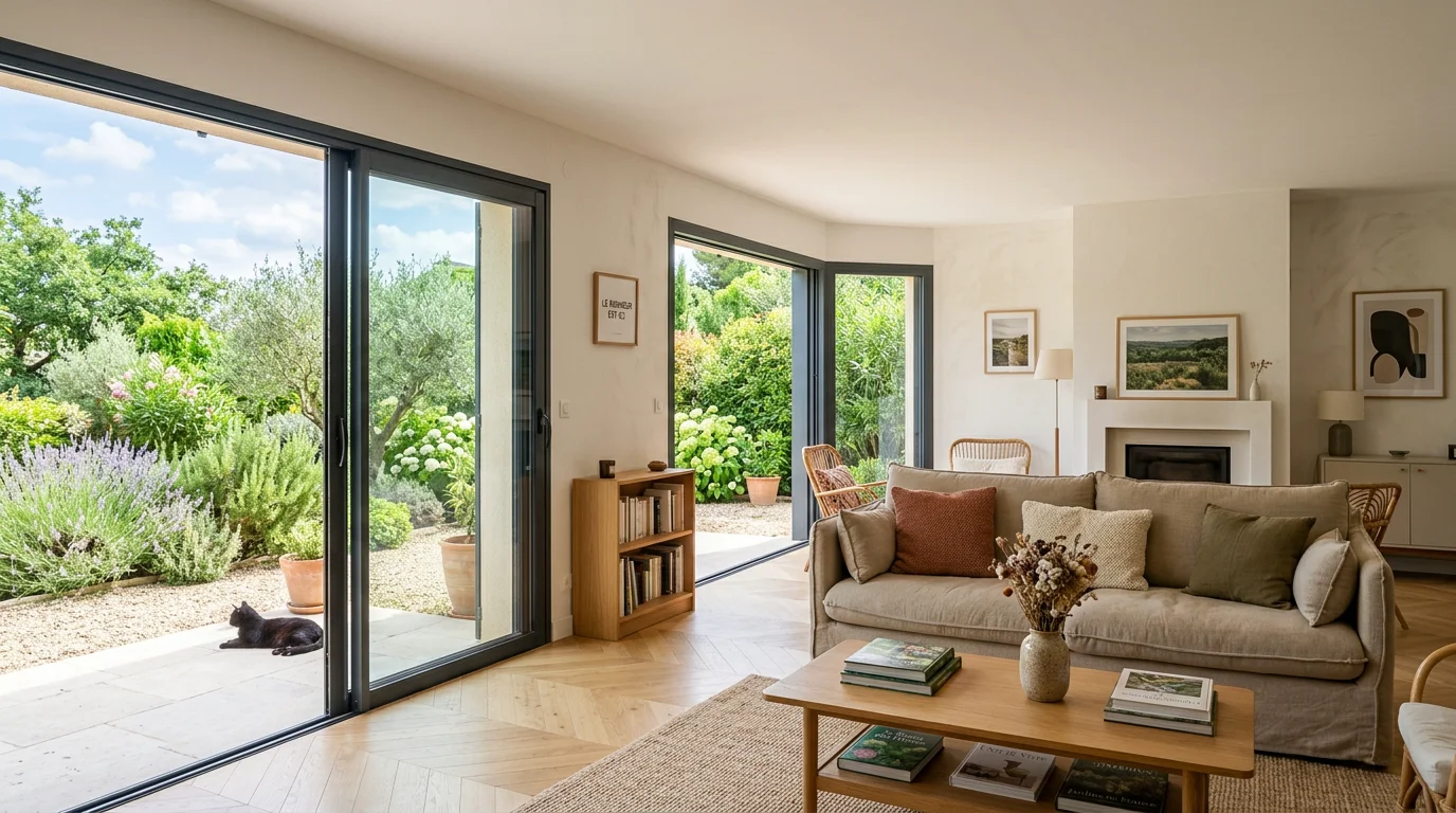 Grande baie vitrée coulissante en aluminium gris ouvrant sur un jardin