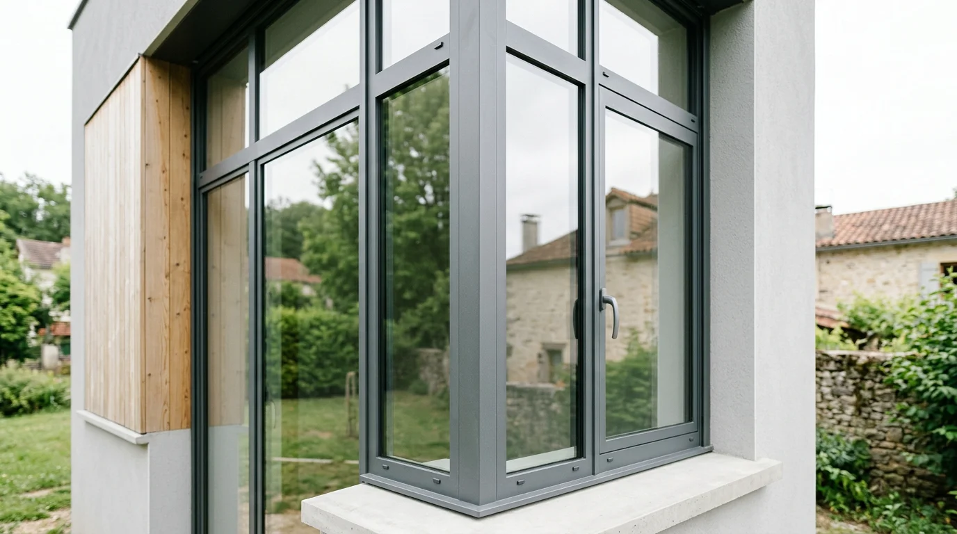 Profilés fins de fenêtres en aluminium gris anthracite mat sur une façade contemporaine