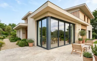 Façade de maison contemporaine avec une baie vitrée coulissante de grande hauteur