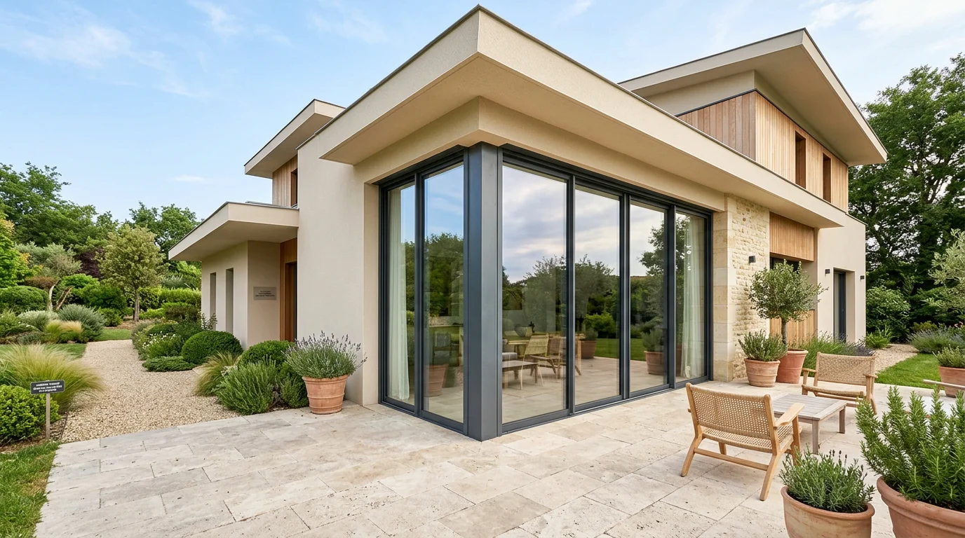 Façade de maison contemporaine avec une baie vitrée coulissante de grande hauteur