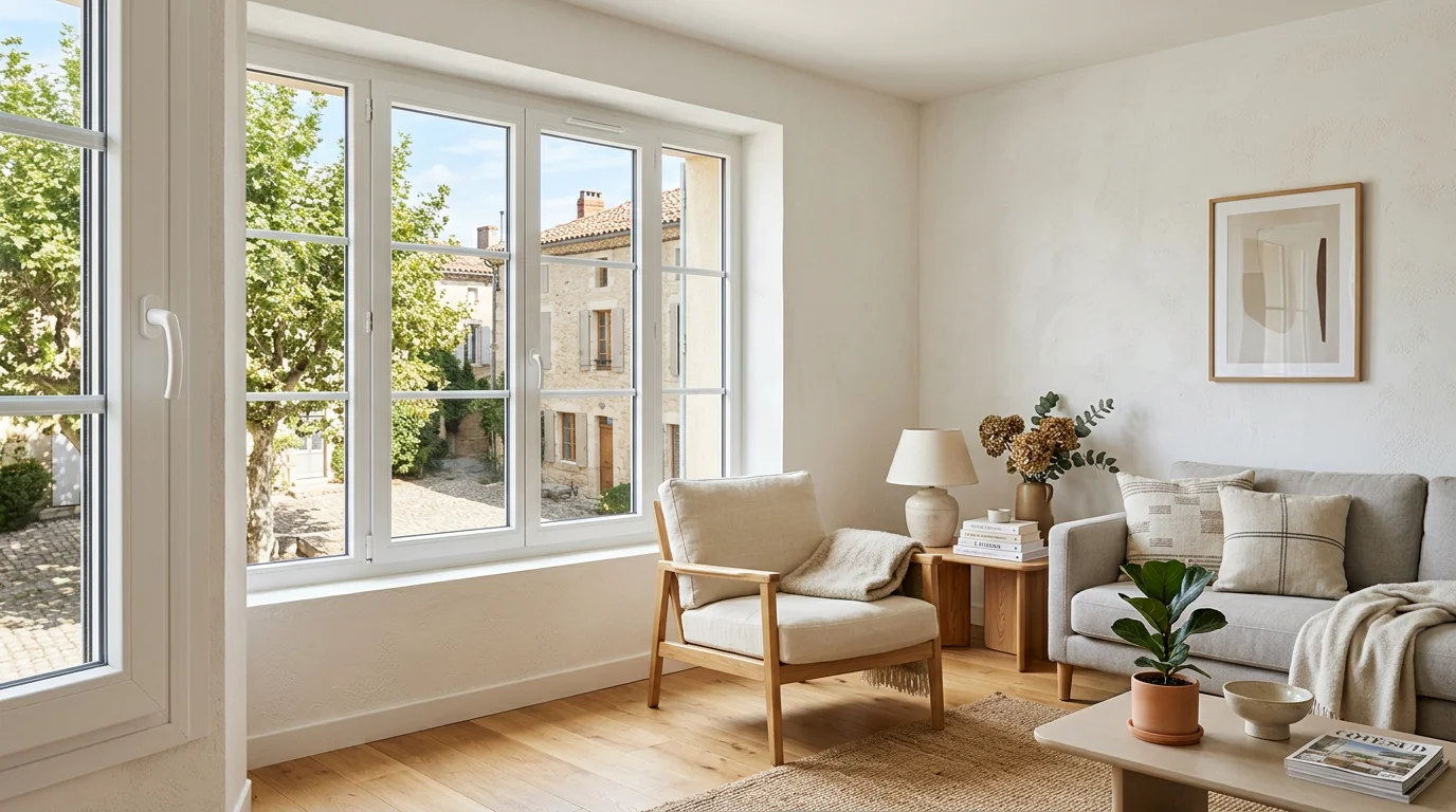 Fenêtre en PVC blanc dans un salon lumineux