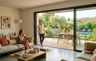 Grande baie vitrée coulissante trois vantaux ouverte sur une terrasse dans un salon moderne