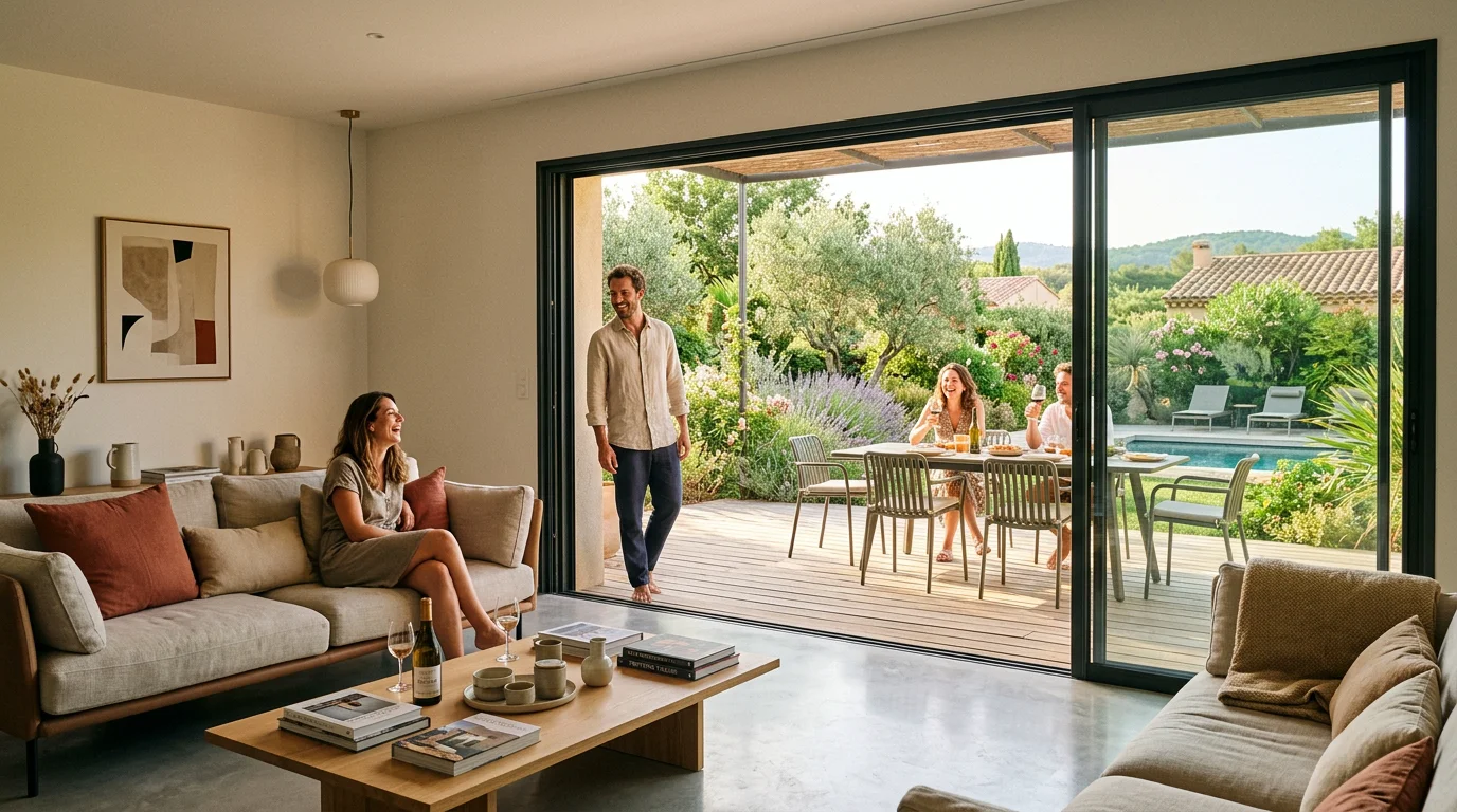 Grande baie vitrée coulissante trois vantaux ouverte sur une terrasse dans un salon moderne