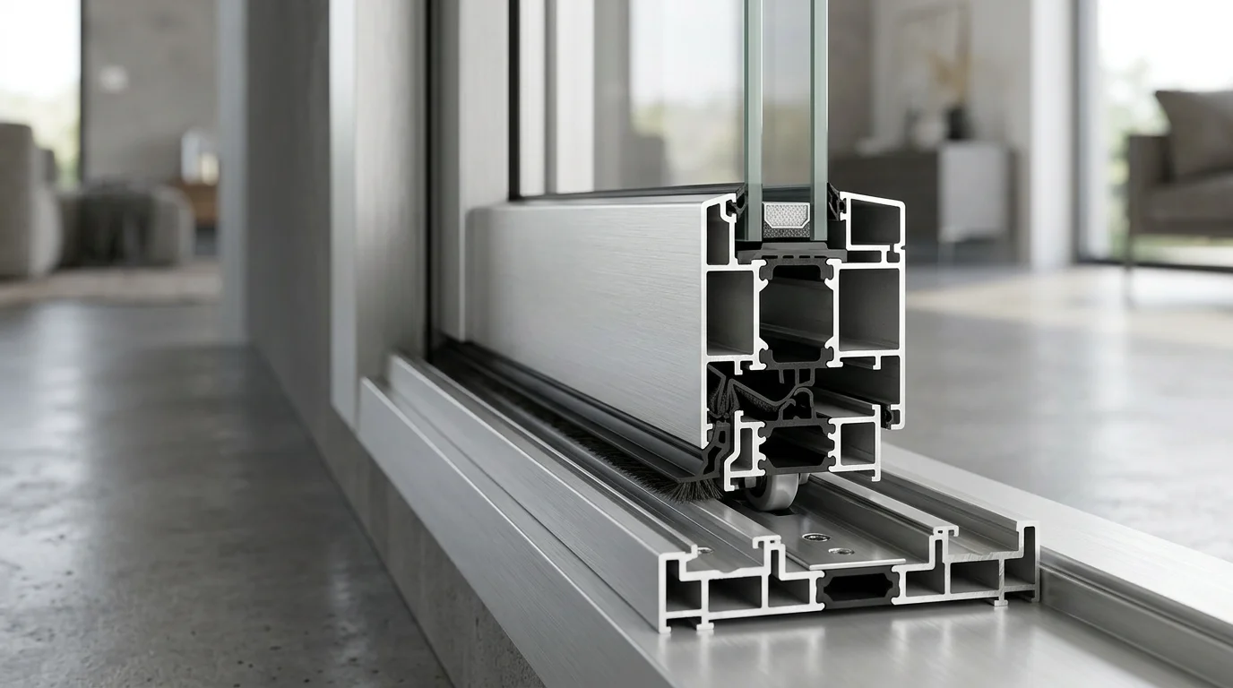 Détail du profilé aluminium et du double vitrage d'une baie coulissante