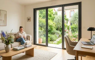 Porte-fenêtre en aluminium moderne ouverte sur un jardin lumineux