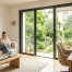 Porte-fenêtre en aluminium moderne ouverte sur un jardin lumineux