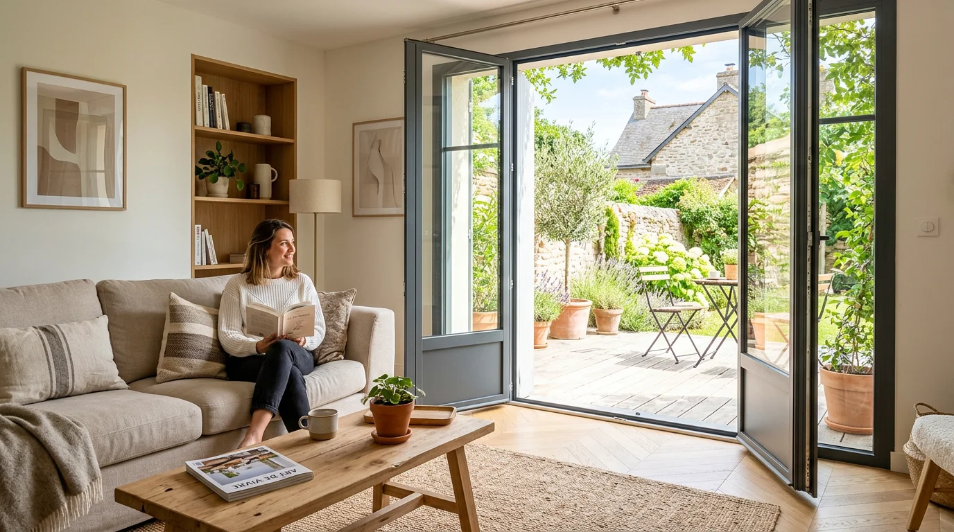 Porte-fenêtre en aluminium à deux vantaux ouverte sur une terrasse