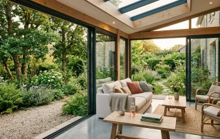 Véranda lumineuse avec grande baie vitrée coulissante en aluminium ouverte sur le jardin