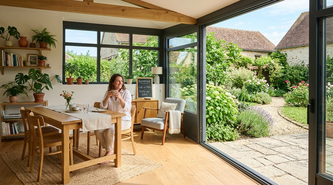 Véranda moderne avec baie vitrée coulissante ouverte sur un jardin