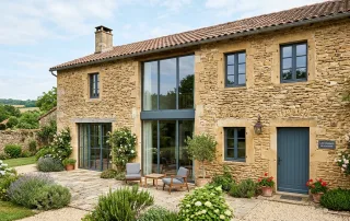 Façade d'une maison française rénovée avec des fenêtres sur mesure en aluminium