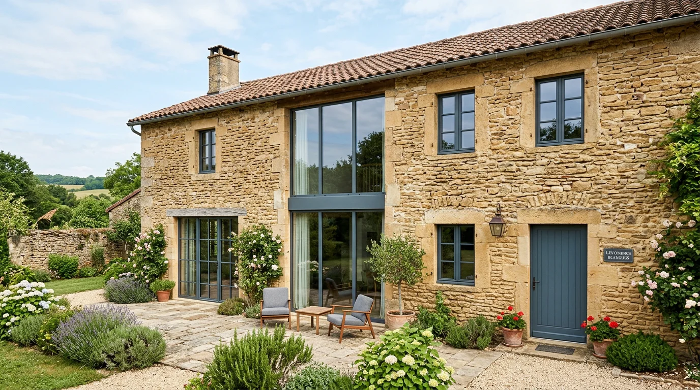 Façade d'une maison française rénovée avec des fenêtres sur mesure en aluminium