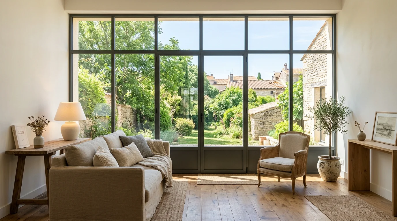 Fenêtre de rénovation sur mesure en aluminium gris dans un salon lumineux