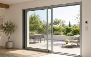 Fenêtre coulissante aluminium à deux vantaux dans un intérieur lumineux
