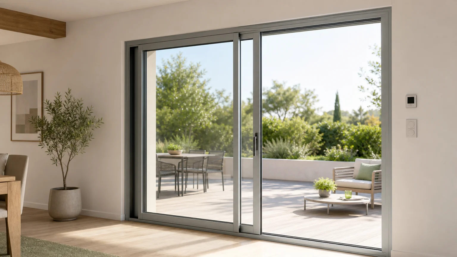 Fenêtre coulissante aluminium à deux vantaux dans un intérieur lumineux