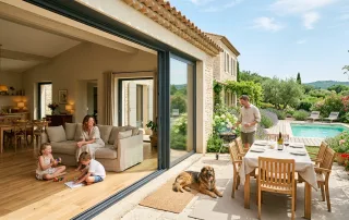 Grande baie coulissante aluminium ouverte sur une terrasse ensoleillée