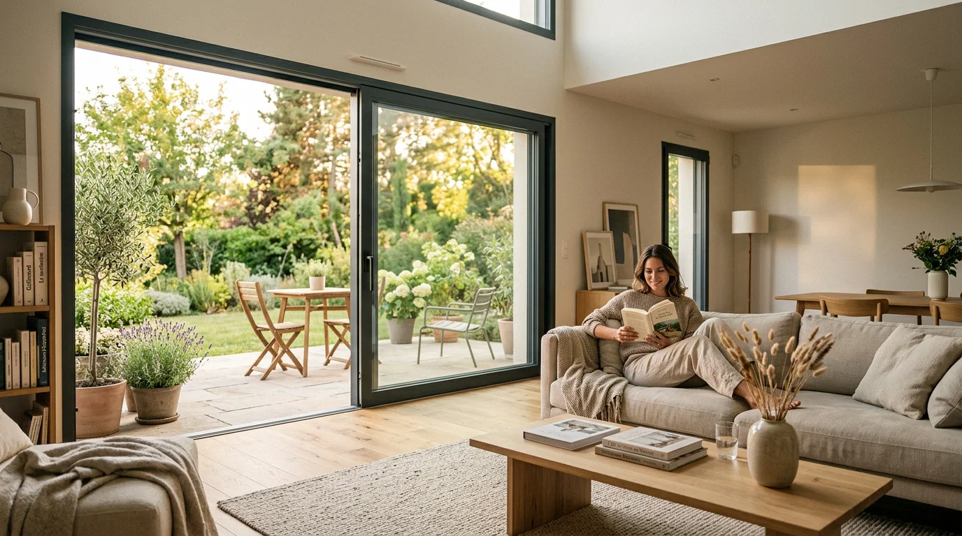 Séjour ouvert sur une terrasse par une baie coulissante aluminium anthracite