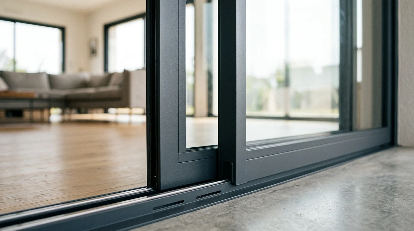 Détail des profilés aluminium et du rail bas d'une baie coulissante