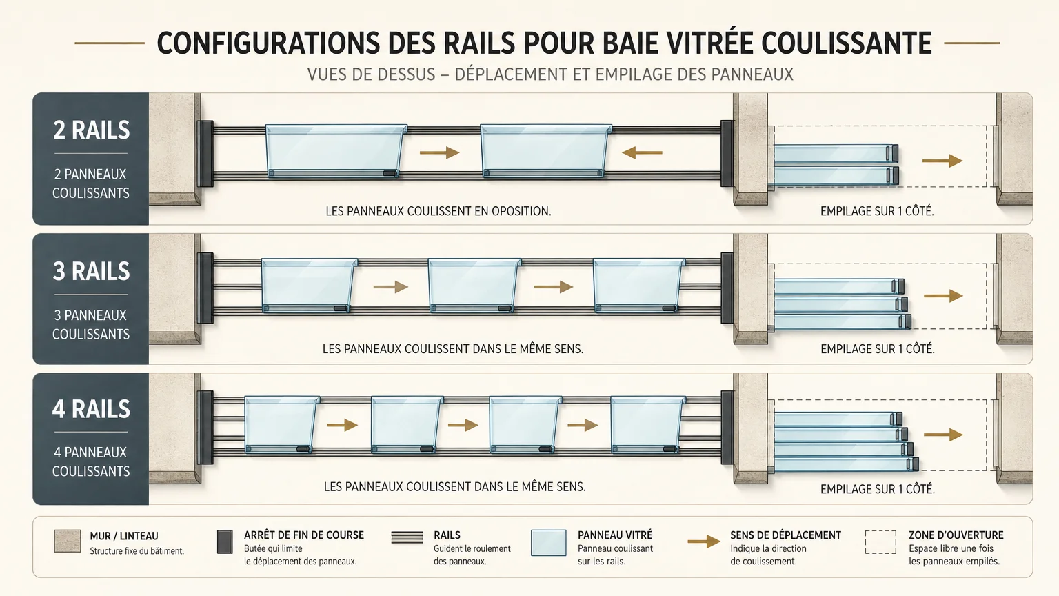 Schéma comparant les configurations 2, 3 et 4 rails d'une baie vitrée coulissante