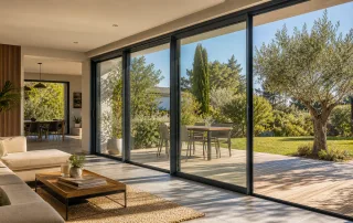 Grande baie coulissante en aluminium ouvrant sur une terrasse ensoleillée