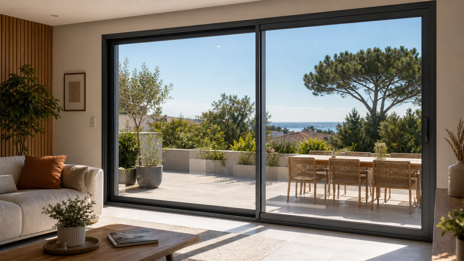 Baie coulissante en aluminium gris anthracite ouvrant sur une terrasse