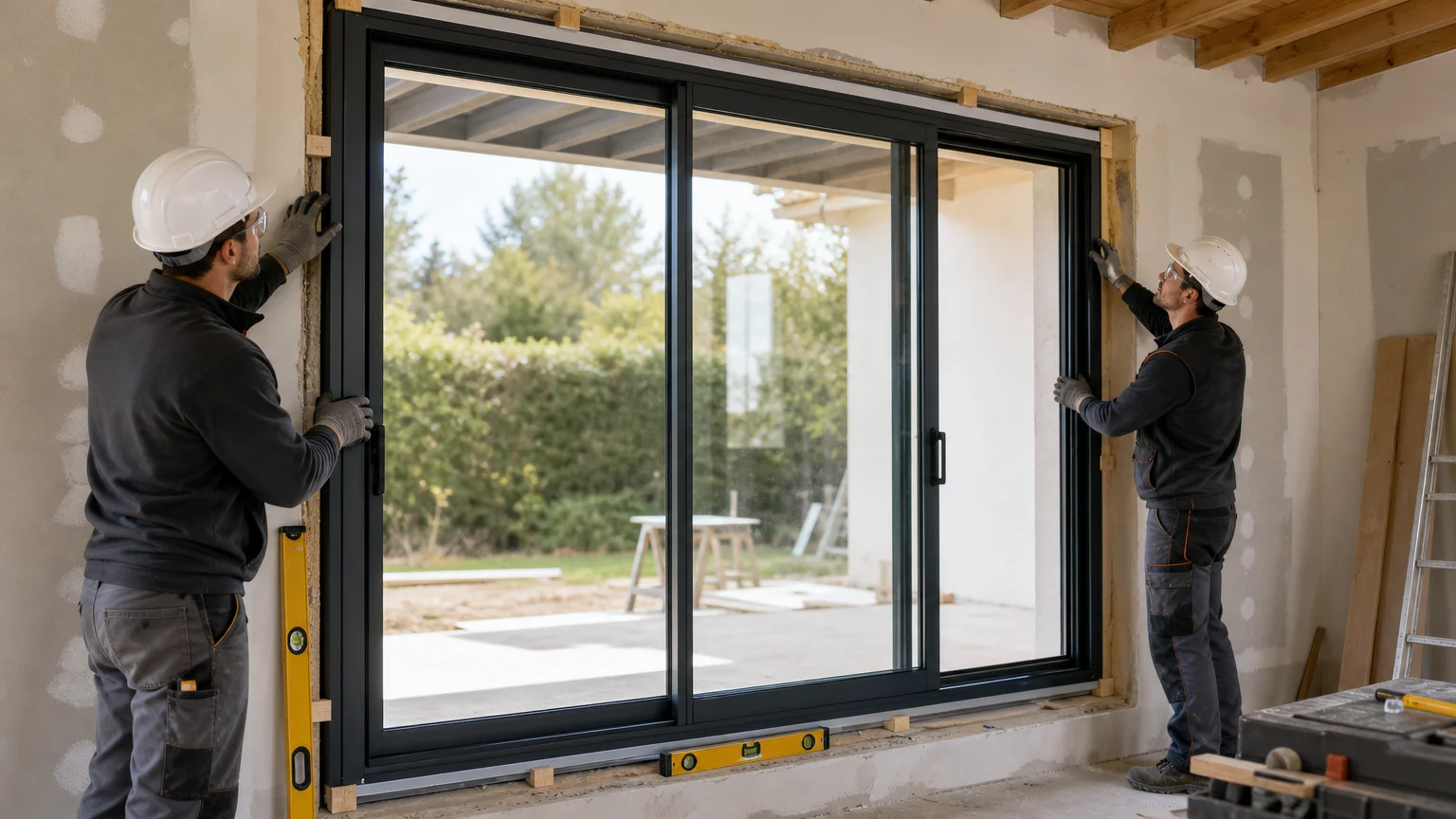 Deux artisans installant un cadre de baie coulissante aluminium sur un chantier