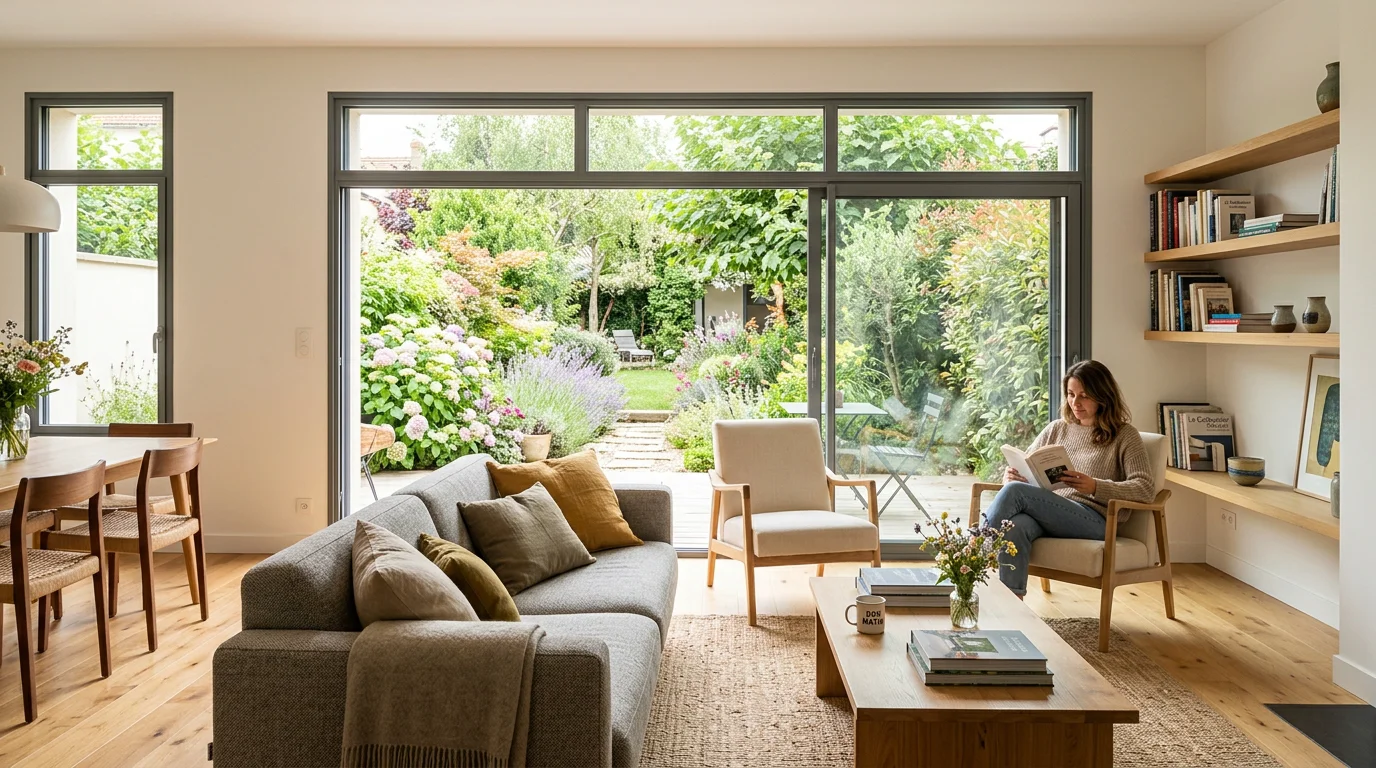 Fenêtre sur mesure en aluminium dans un salon lumineux