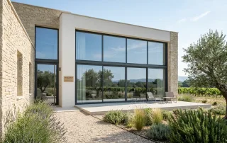 Grande fenêtre coulissante en aluminium sur la façade d'une maison contemporaine