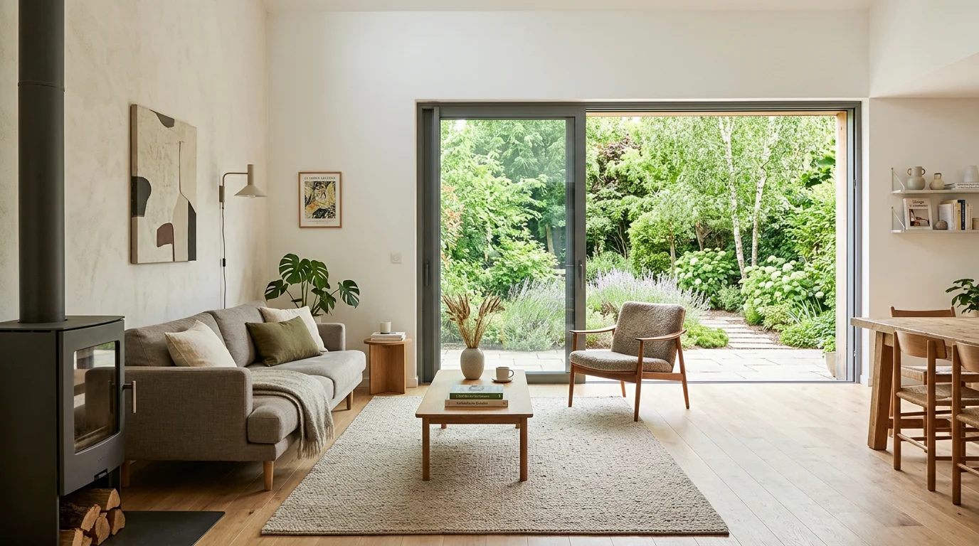 Fenêtre coulissante en aluminium ouvrant sur un jardin dans un séjour lumineux