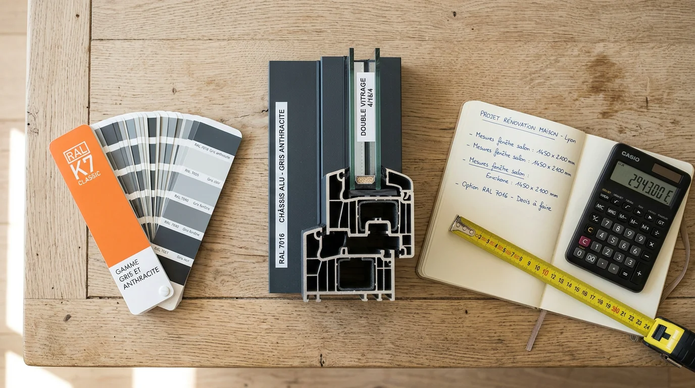 Échantillons de profilés aluminium, nuancier RAL et outils pour estimer un budget menuiserie