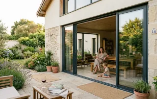 Grande baie vitrée coulissante en aluminium ouverte sur un jardin