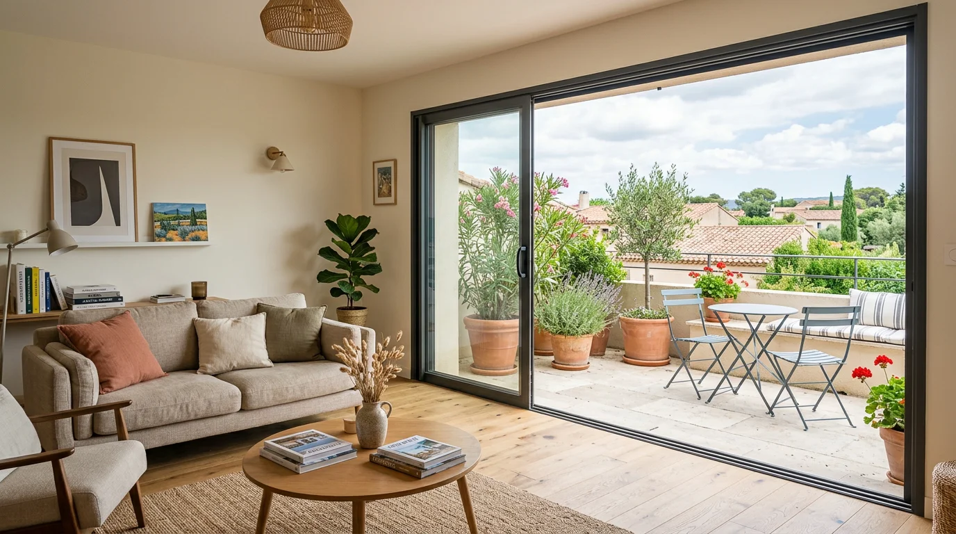 Séjour lumineux ouvert sur une terrasse par une grande baie vitrée coulissante