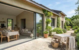 Grande baie vitrée aluminium 4 vantaux ouverte sur un jardin