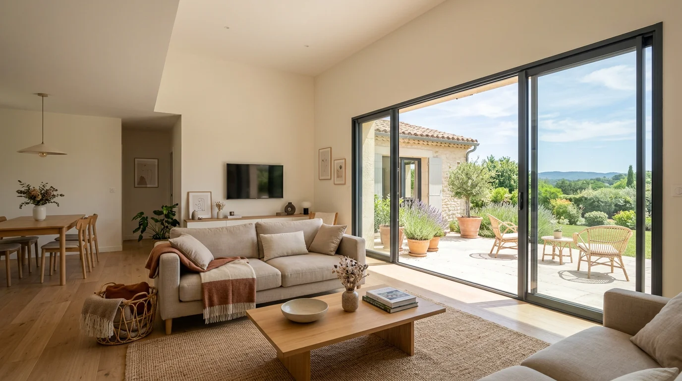 Baie vitrée aluminium 4 vantaux ouverte sur une terrasse baignée de lumière