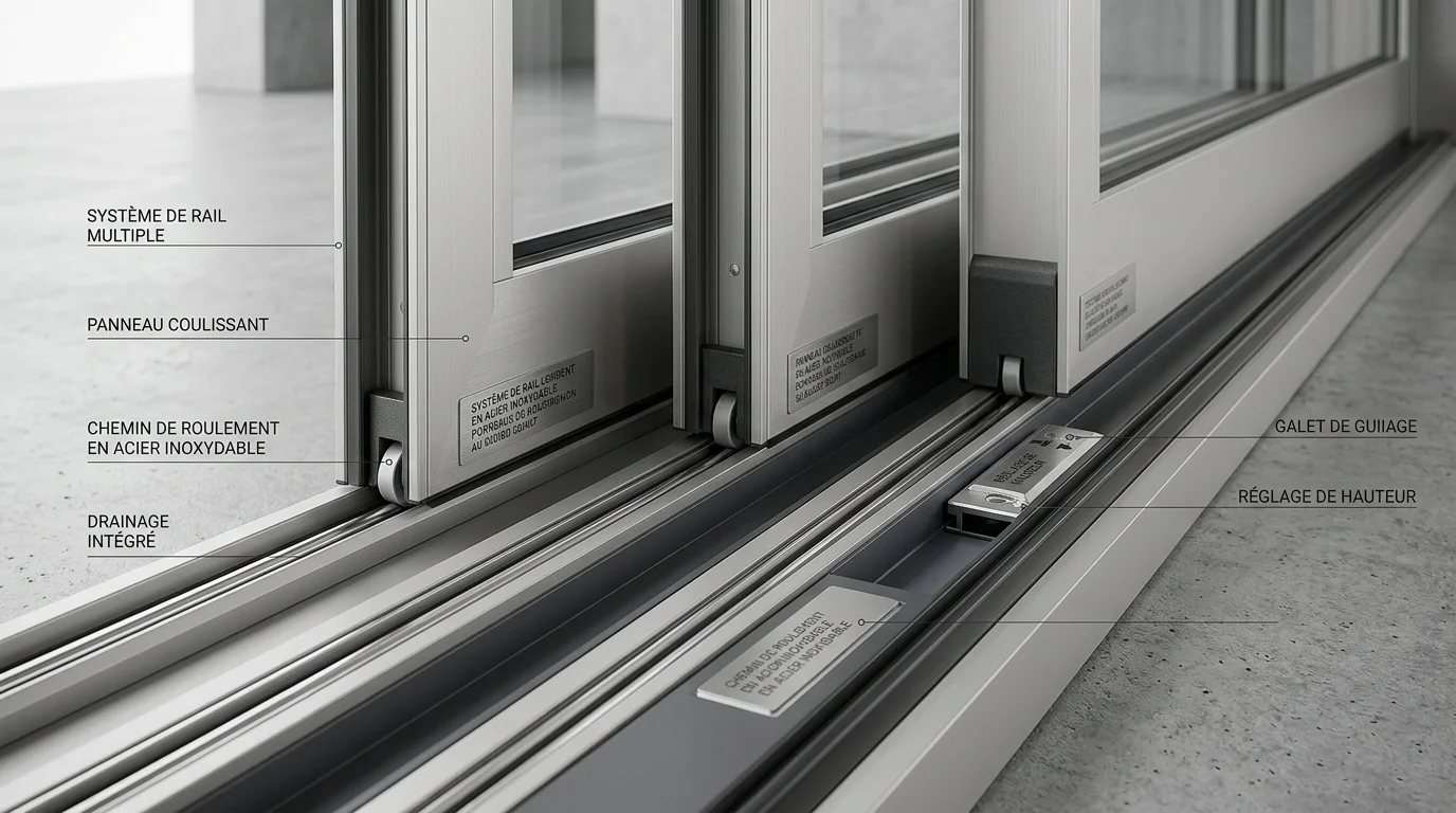 Détail des rails multiples au sol d'une baie coulissante aluminium