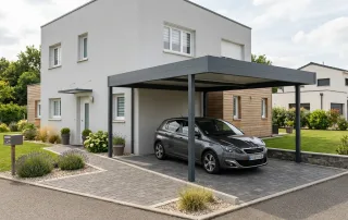 Carport aluminium à toit plat adossé à une maison moderne en France