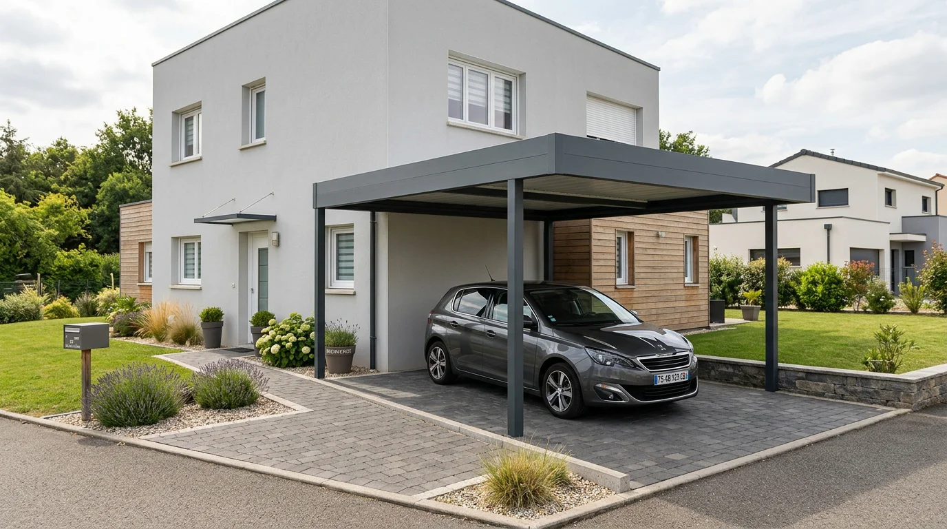 Carport aluminium à toit plat adossé à une maison moderne en France