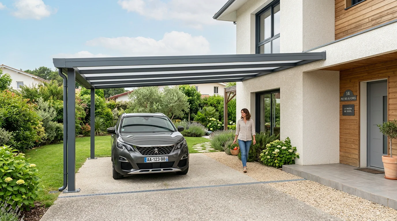 Carport en aluminium à toit plat adossé à une maison contemporaine abritant une voiture