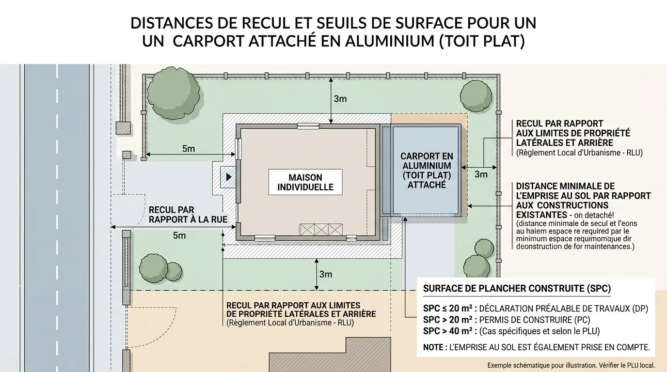 Schéma des règles d'implantation et de surface d'un carport adossé en France