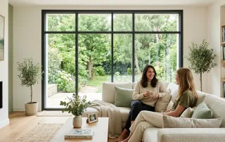 Grande fenêtre en aluminium à cadre fin dans un intérieur moderne et lumineux