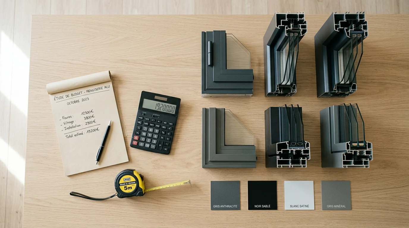 Profilés de fenêtre en aluminium posés à côté d'une calculatrice et de croquis de budget