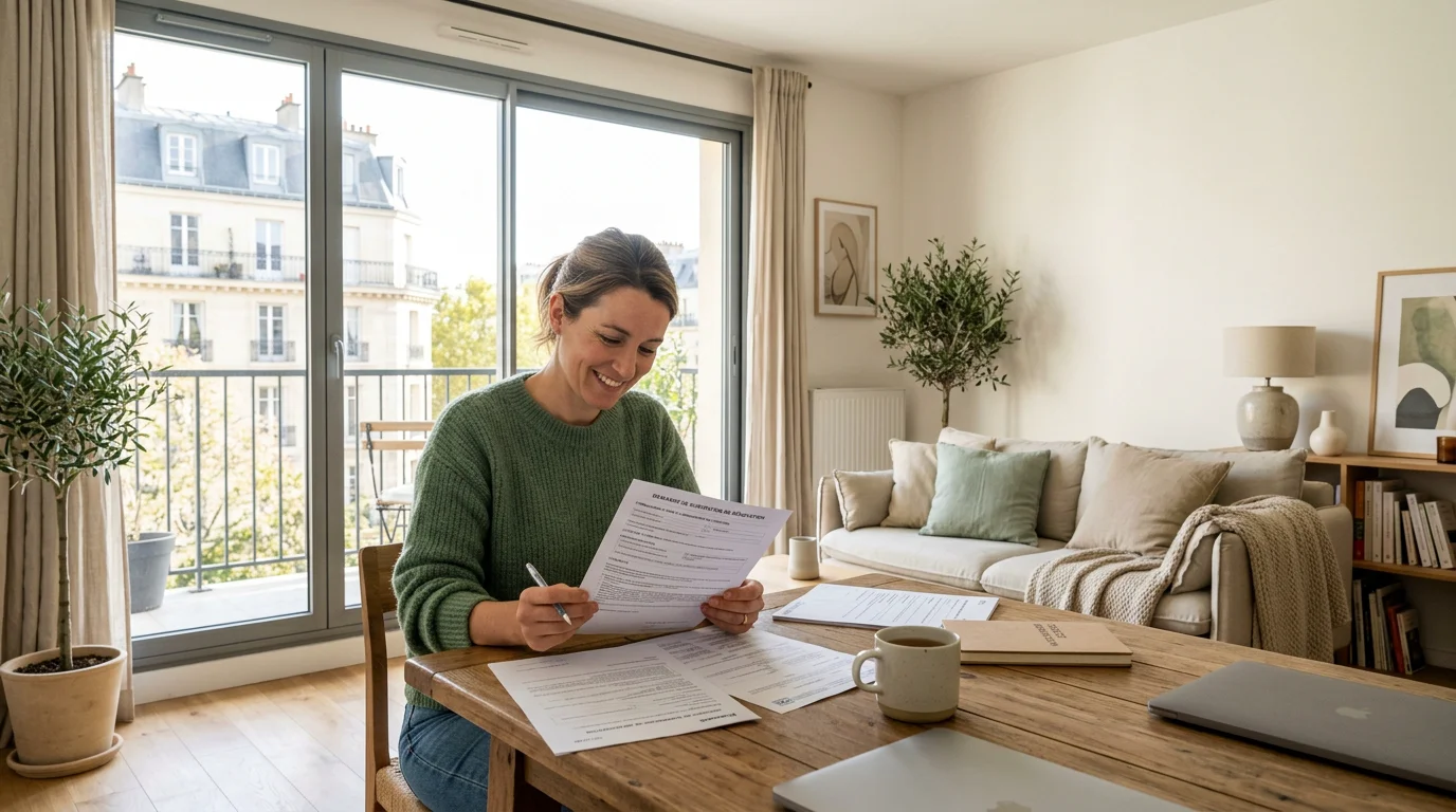 Salon lumineux avec grande fenêtre en aluminium et propriétaire consultant ses aides à la rénovation