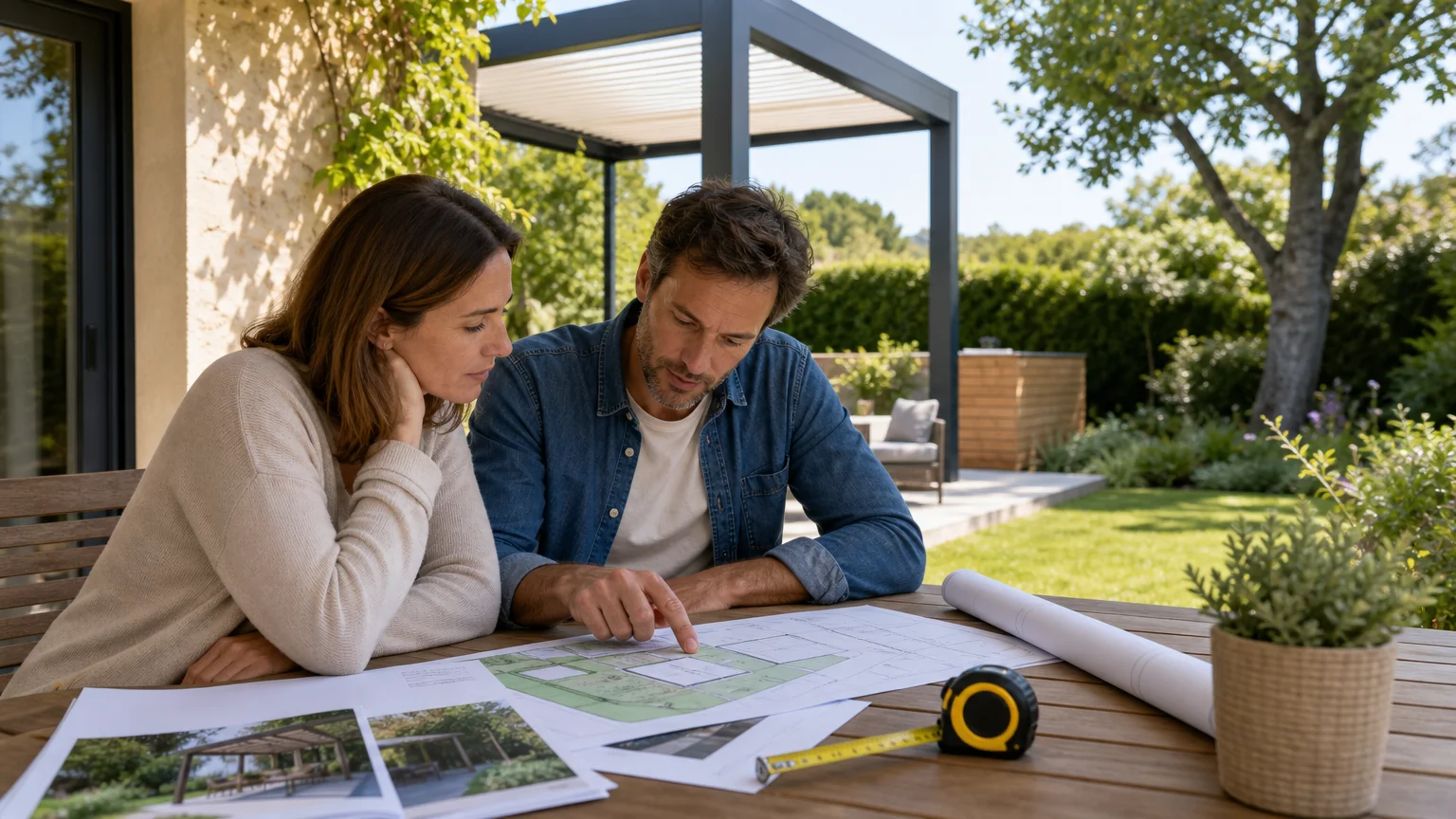 Propriétaires vérifiant les règles d’urbanisme avant l’installation d’une pergola