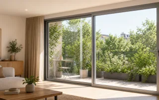 Baie vitrée coulissante en aluminium ouverte sur une terrasse