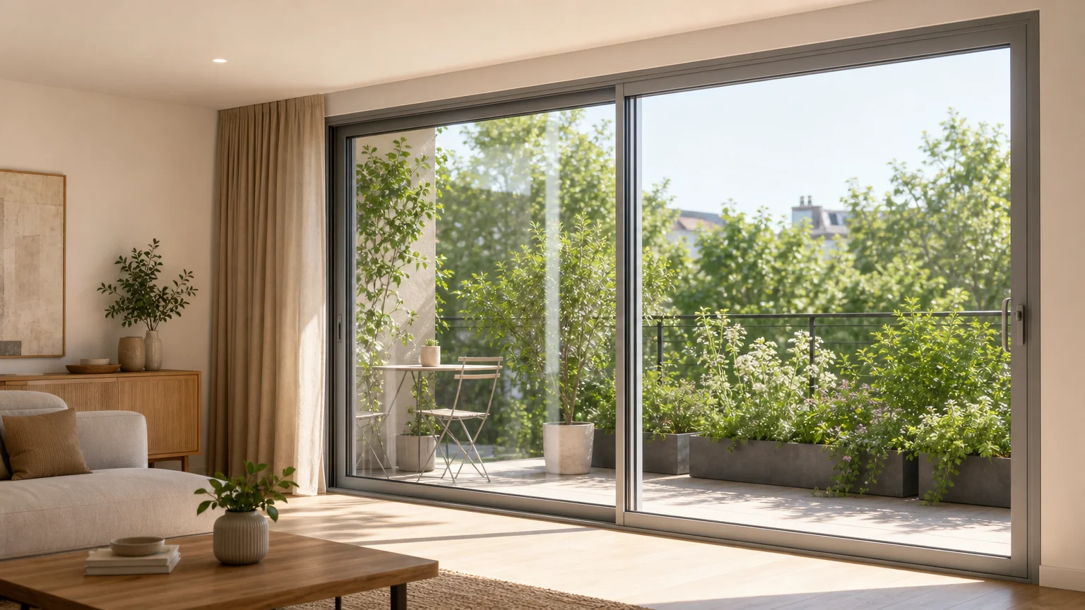 Baie vitrée coulissante en aluminium ouverte sur une terrasse