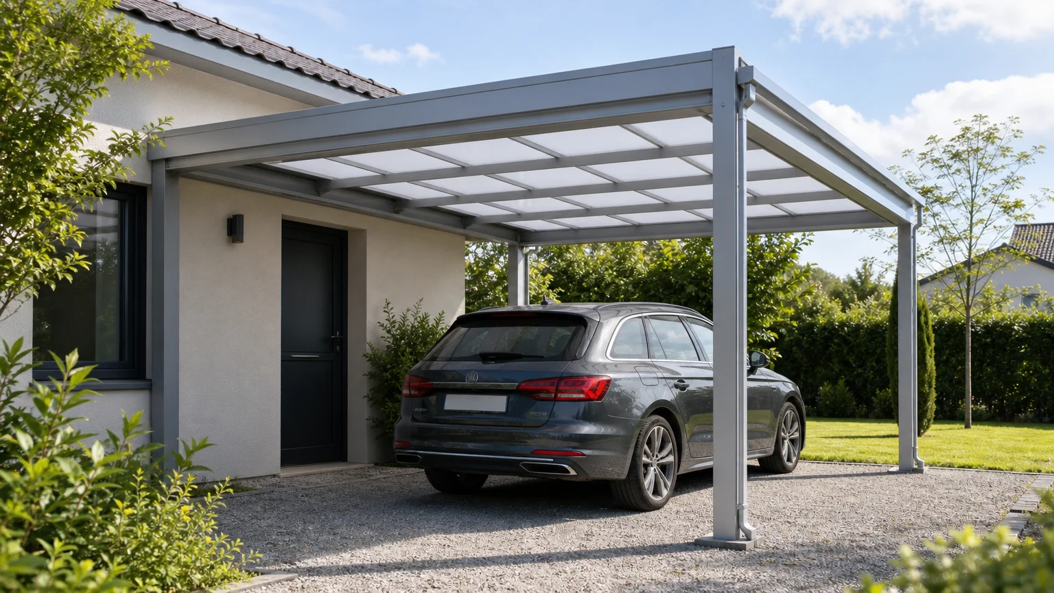 Carport aluminium contemporain sur mesure devant une maison